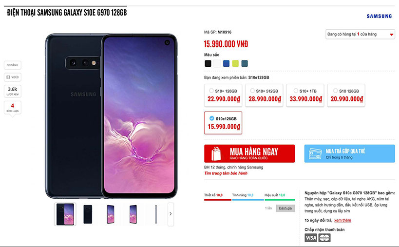 Samsung Galaxy S10e được bán tại Việt Nam với giá 15,9 triệu đồng cho phiên bản mặc định 128GB